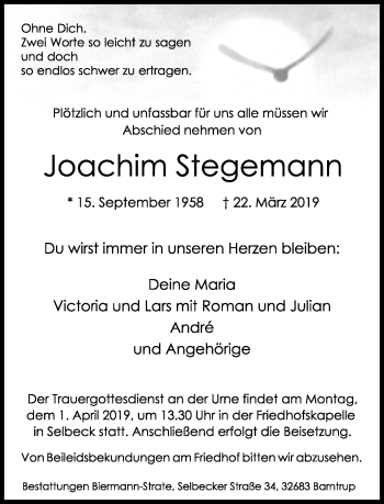 Anzeige  Joachim Stegemann  Lippische Landes-Zeitung