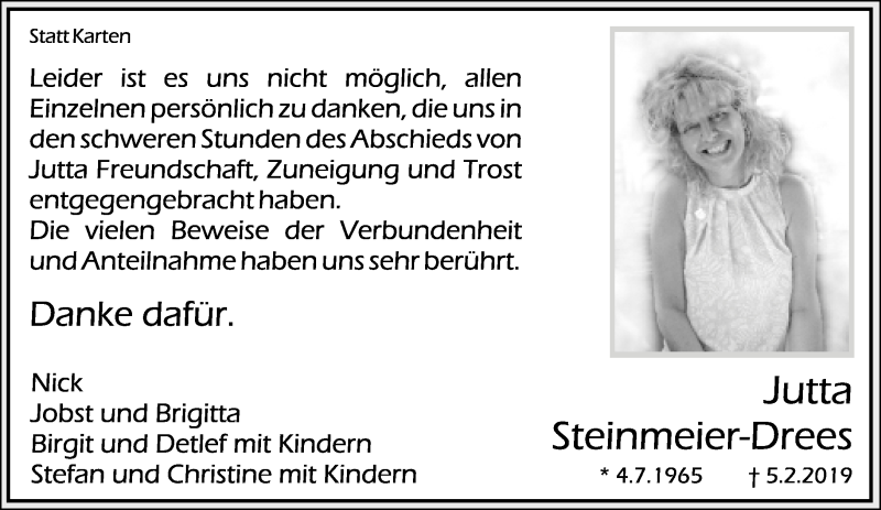  Traueranzeige für Jutta Steinmeier-Drees vom 02.03.2019 aus Lippische Landes-Zeitung