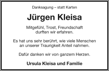 Anzeige  Jürgen Kleisa  Lippische Landes-Zeitung