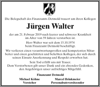 Anzeige  Jürgen Walter  Lippische Landes-Zeitung