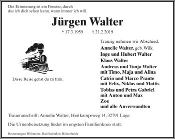 Anzeige  Jürgen Walter  Lippische Landes-Zeitung