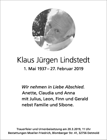 Anzeige  Klaus Jürgen Lindstedt  Lippische Landes-Zeitung