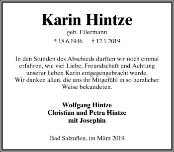 Anzeige  Karin Hintze  Lippische Landes-Zeitung