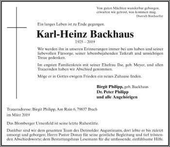 Anzeige  Karl-Heinz Backhaus  Lippische Landes-Zeitung