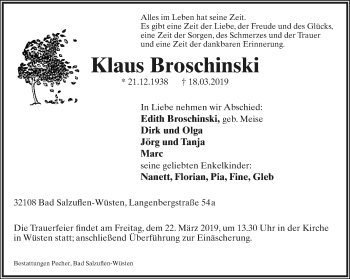 Anzeige  Klaus Broschinski  Lippische Landes-Zeitung