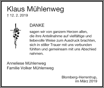 Anzeige  Klaus Mühlenweg  Lippische Landes-Zeitung