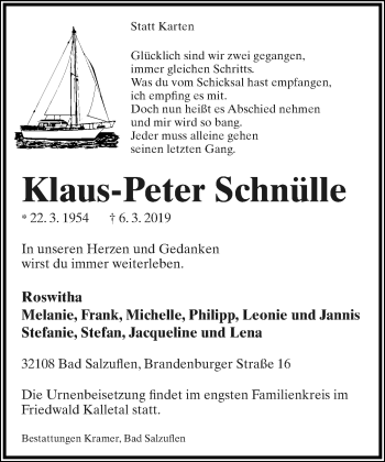 Anzeige  Klaus-Peter Schnülle  Lippische Landes-Zeitung