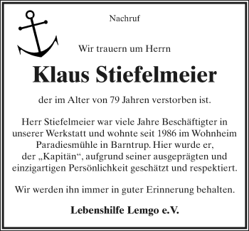Anzeige  Klaus Stiefelmeier  Lippische Landes-Zeitung