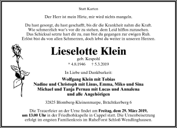 Anzeige  Lieselotte Klein  Lippische Landes-Zeitung