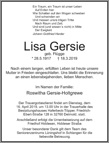 Anzeige  Lisa Gersie  Lippische Landes-Zeitung