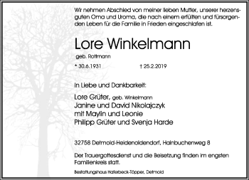 Anzeige  Lore Winkelmann  Lippische Landes-Zeitung