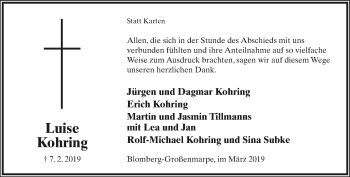 Anzeige  Luise Kohring  Lippische Landes-Zeitung