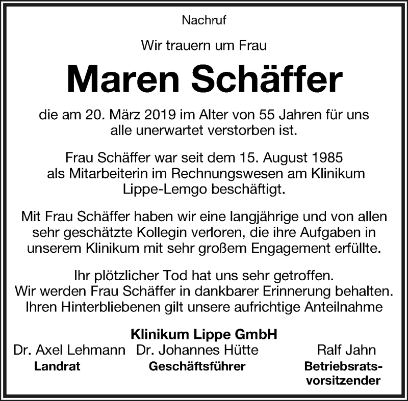  Traueranzeige für Maren Schäffer vom 30.03.2019 aus Lippische Landes-Zeitung