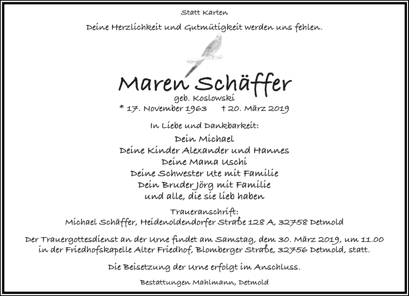  Traueranzeige für Maren Schäffer vom 23.03.2019 aus Lippische Landes-Zeitung