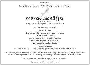 Anzeige  Maren Schäffer  Lippische Landes-Zeitung