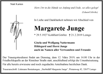 Anzeige  Margarete Junge  Lippische Landes-Zeitung