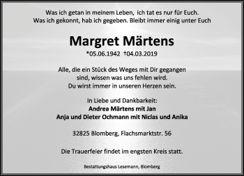 Anzeige  Margret Märtens  Lippische Landes-Zeitung