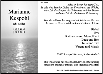 Anzeige  Marianne Kespohl  Lippische Landes-Zeitung