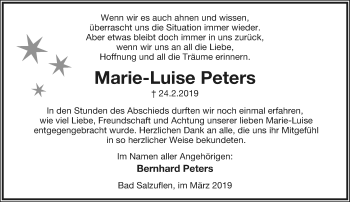 Anzeige  Marie-Luise Peters  Lippische Landes-Zeitung