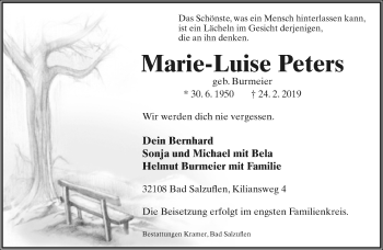 Anzeige  Marie-Luise Peters  Lippische Landes-Zeitung