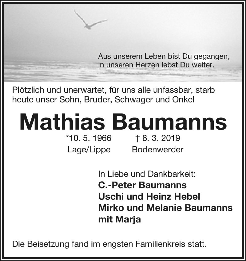  Traueranzeige für Mathias Baumanns vom 23.03.2019 aus Lippische Landes-Zeitung