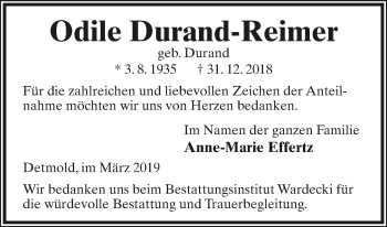 Anzeige  Odile Durand-Reimer  Lippische Landes-Zeitung