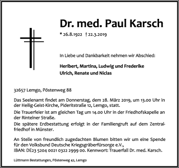Anzeige  Paul Karsch  Lippische Landes-Zeitung