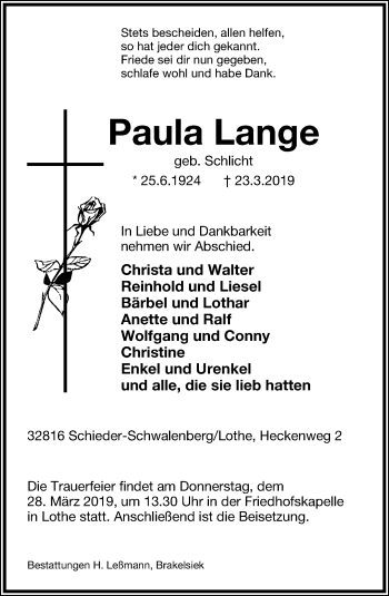 Anzeige  Paula Lange  Lippische Landes-Zeitung