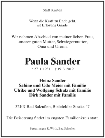 Anzeige  Paula Sander  Lippische Landes-Zeitung