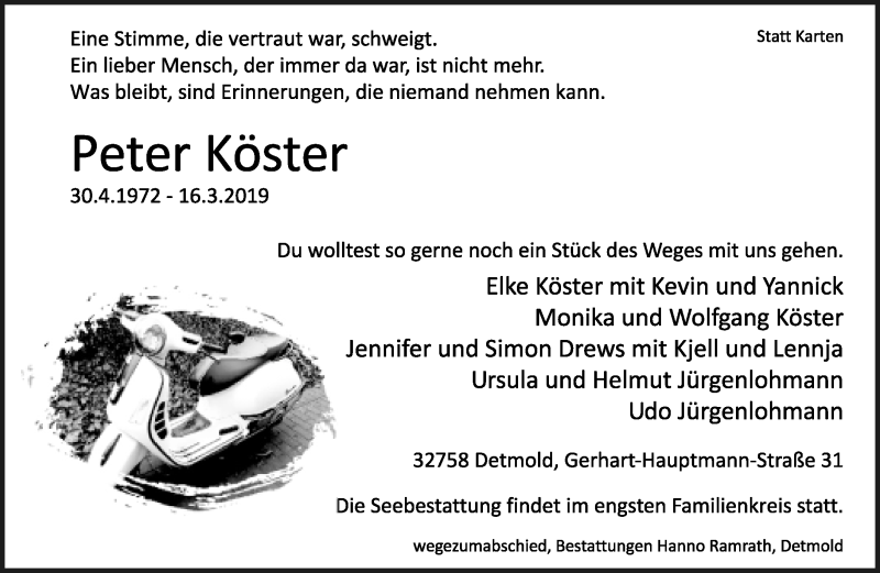  Traueranzeige für Peter Köster vom 20.03.2019 aus Lippische Landes-Zeitung