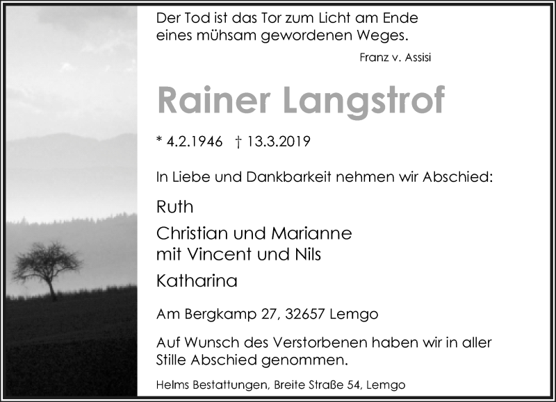  Traueranzeige für Rainer Langstrof vom 23.03.2019 aus Lippische Landes-Zeitung