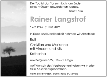 Anzeige  Rainer Langstrof  Lippische Landes-Zeitung
