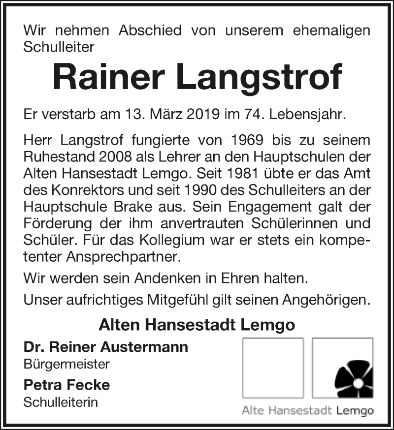  Traueranzeige für Rainer Langstrof vom 30.03.2019 aus Lippische Landes-Zeitung
