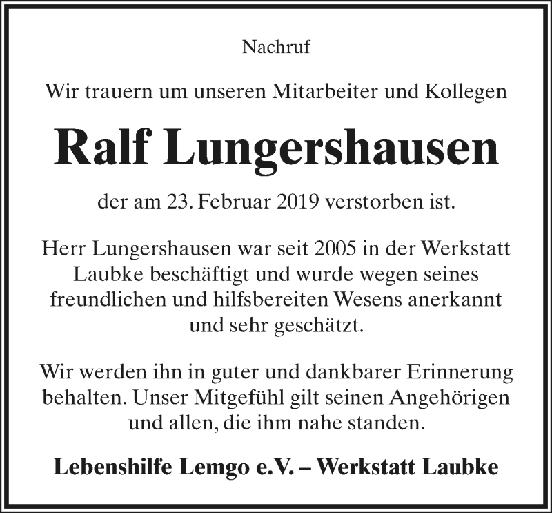  Traueranzeige für Ralf Lungershausen vom 07.03.2019 aus Lippische Landes-Zeitung