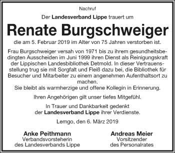 Anzeige  Renate Burgschweiger  Lippische Landes-Zeitung