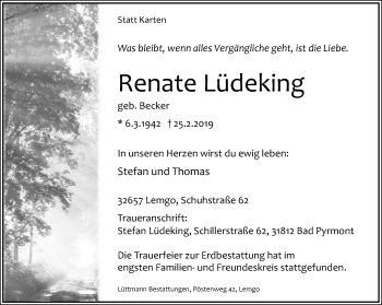 Anzeige  Renate Lüdeking  Lippische Landes-Zeitung