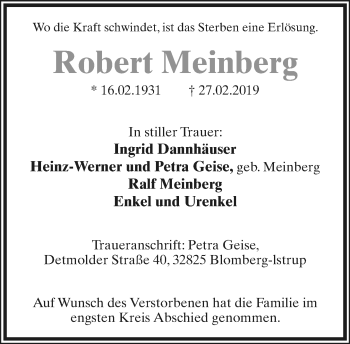 Anzeige  Robert Meinberg  Lippische Landes-Zeitung