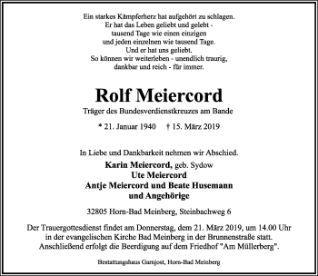 Anzeige  Rolf Meiercord  Lippische Landes-Zeitung