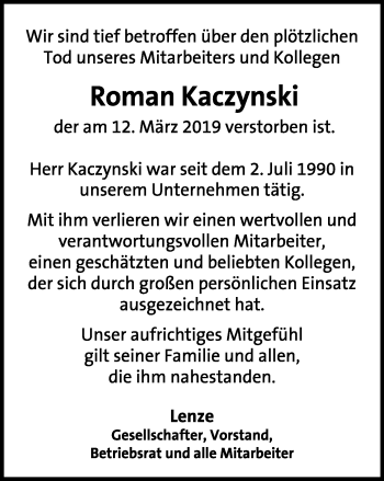 Anzeige  Roman Kaczynski  Lippische Landes-Zeitung