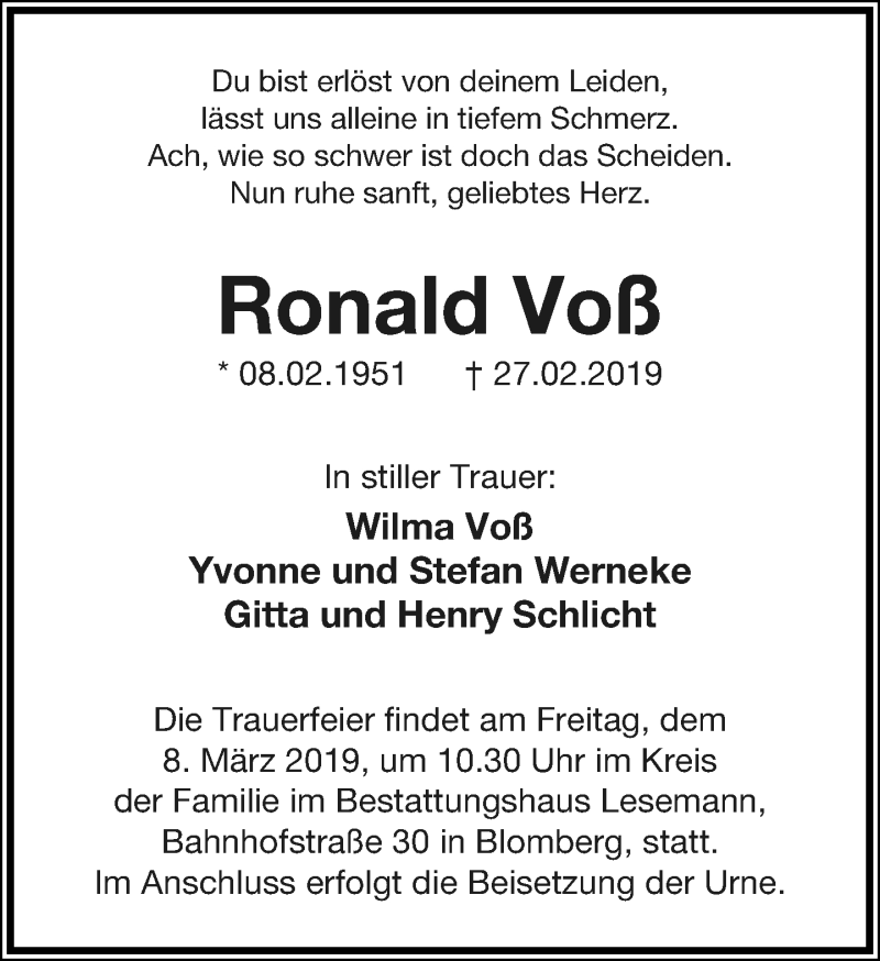  Traueranzeige für Ronald Voß vom 02.03.2019 aus Lippische Landes-Zeitung