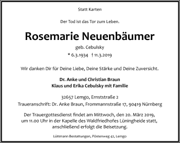Anzeige  Rosemarie Neuenbäumer  Lippische Landes-Zeitung