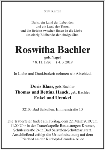 Anzeige  Roswitha Bachler  Lippische Landes-Zeitung