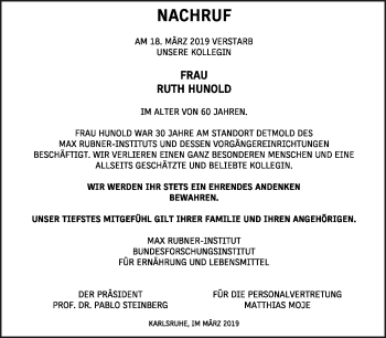 Anzeige  Ruth Hunold  Lippische Landes-Zeitung
