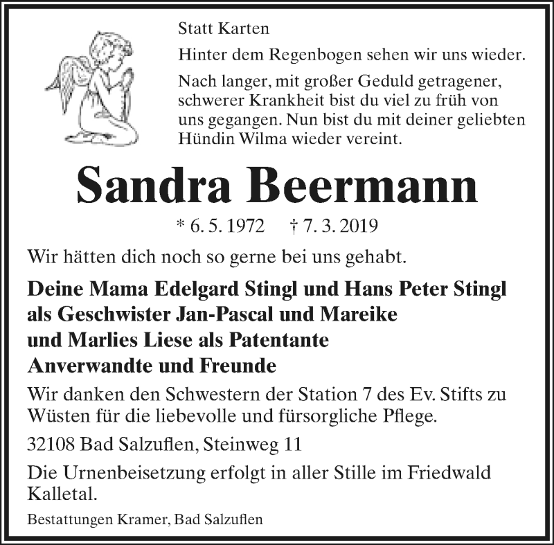  Traueranzeige für Sandra Beermann vom 08.03.2019 aus Lippische Landes-Zeitung