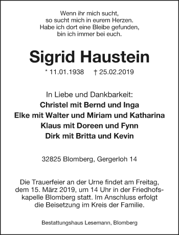 Anzeige  Sigrid Haustein  Lippische Landes-Zeitung