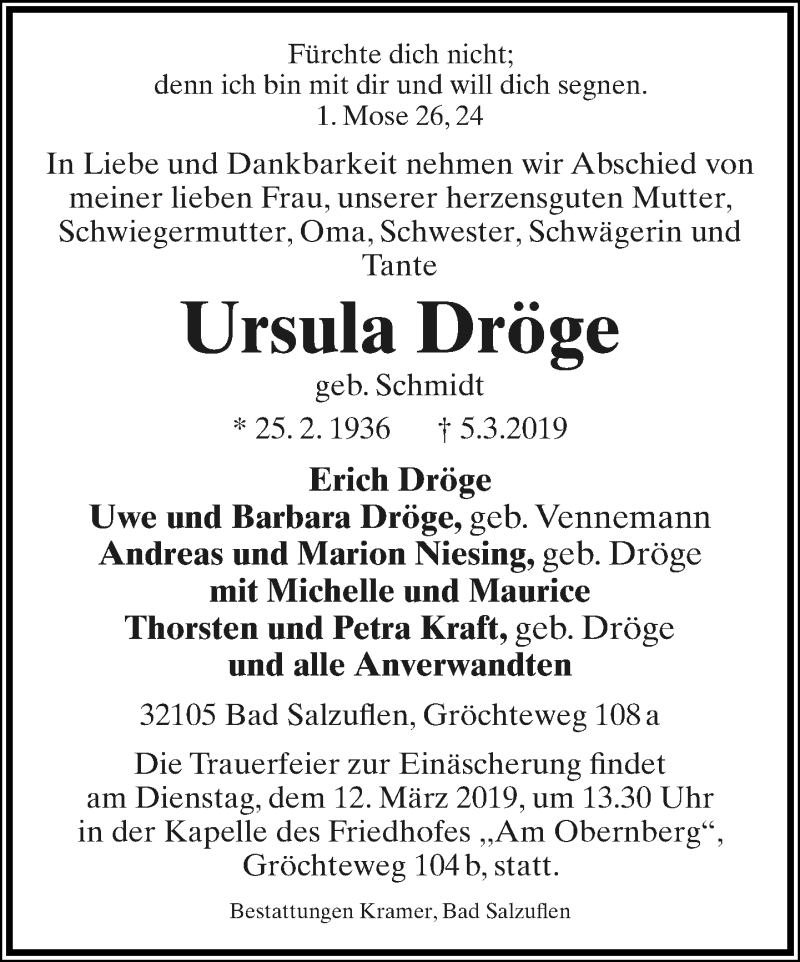  Traueranzeige für Ursula Dröge vom 09.03.2019 aus Lippische Landes-Zeitung