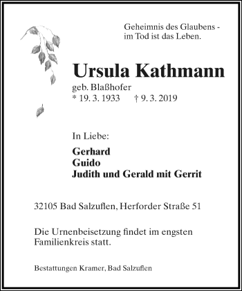 Anzeige  Ursula Kathmann  Lippische Landes-Zeitung