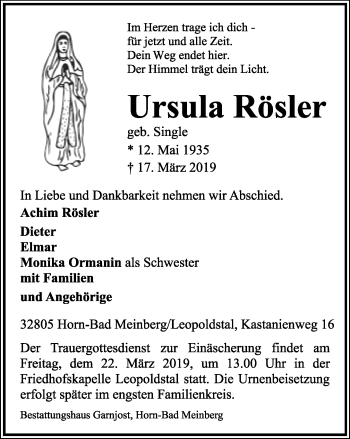 Anzeige  Ursula Rösler  Lippische Landes-Zeitung