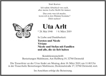 Anzeige  Uta Arlt  Lippische Landes-Zeitung