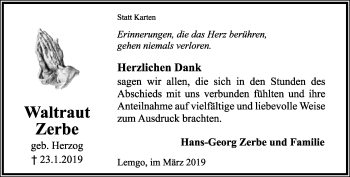 Anzeige  Waltraut Zerbe  Lippische Landes-Zeitung
